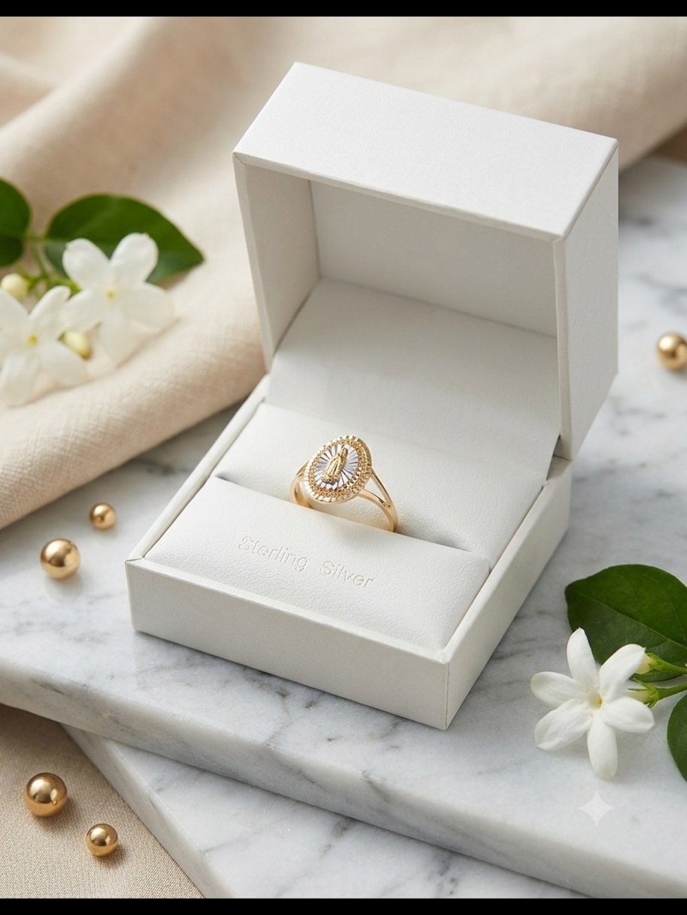 925 Sterling Silver Two-Tone 14K Gold Plated Virgin Mary Ring - Size 7